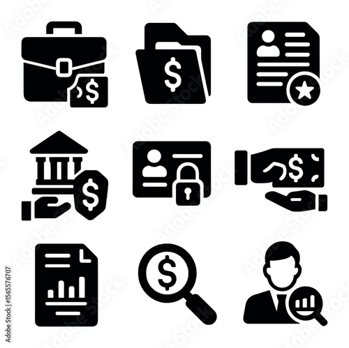 White-Collar Crime Icons. Solid, filled icons set of white-collar crime: briefcase with cash, tax fraud file,