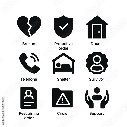 Domestic Violence Icons. Solid, filled icons set of domestic violence law: broken heart icon, protective order