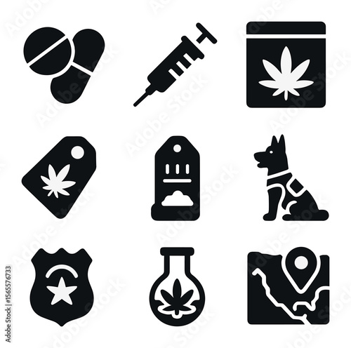 Drug Enforcement Icons. Solid, filled icons set of drug enforcement: pills icon, syringe, sealed evidence bag,