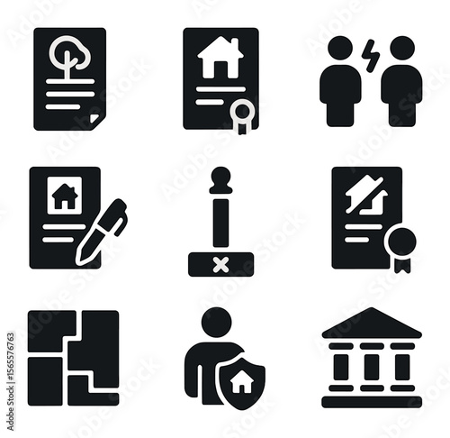 Property Law Icons. Solid, filled icons set of property law: land title, home ownership deed, dispute icon,
