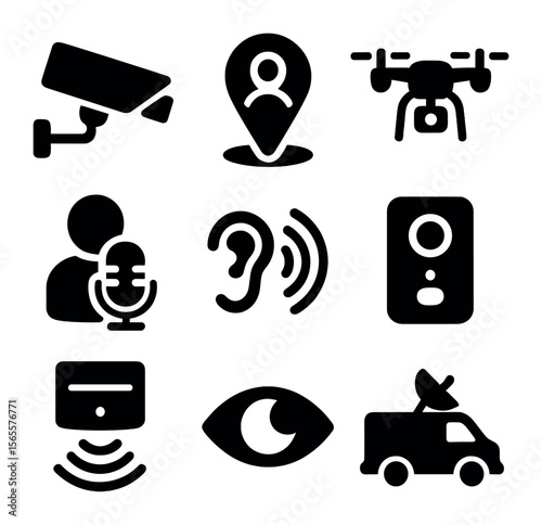 Surveillance Icons Grid. Solid, filled icons set of surveillance & monitoring: CCTV camera, tracking pin,