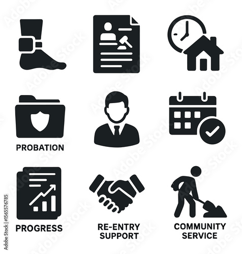 Parole & Probation Icons. Solid, filled icons set of parole and probation: house arrest anklet, parole hearing