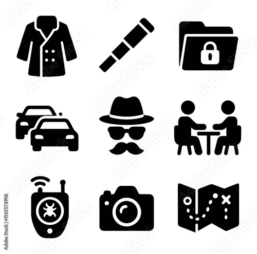 Private Investigator Icons. Solid, filled icons set of private investigation: trench coat icon, spyglass,