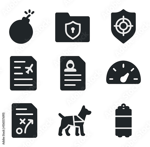 Anti-Terror Icon Set. Solid, filled icons set of anti-terror law: bomb icon, security file, anti-terror badge,