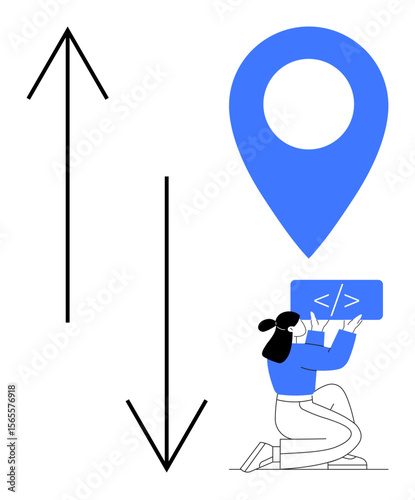 Person holding coding panel near location pin and two contrasting directional arrows. Ideal for development, navigation, workflow, choices, growth, decision-making, simple landing page