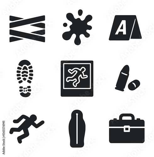 Crime Scene Icons. Solid, filled icons set of crime scene: yellow tape, blood splatter icon, evidence marker,