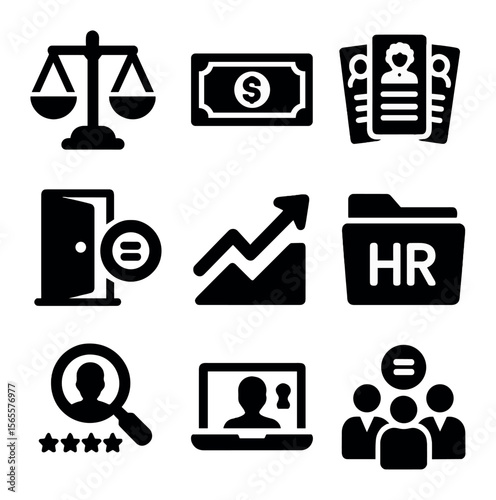 Workplace Equity Icons. Solid, filled icons set of equity in the workplace: balance scale, paycheck fairness,