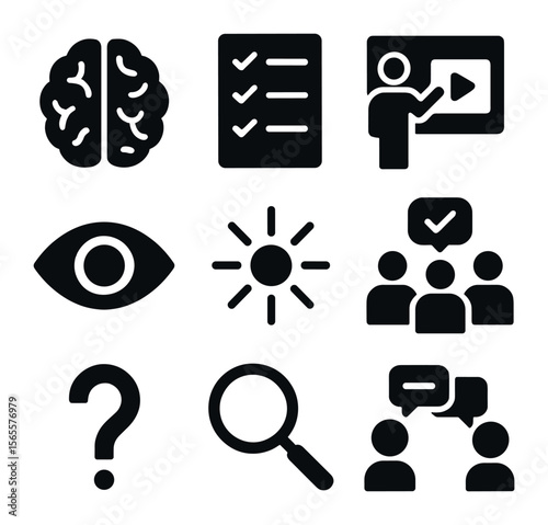 Bias Training Icons. Solid, filled icons set of unconscious bias training: brain icon, checklist, learning