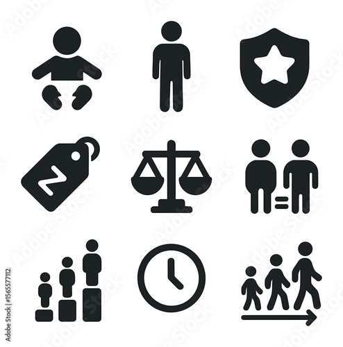 Generational Icon Set. Solid, filled icons set of generational inclusion: baby icon, millennial figure, senior