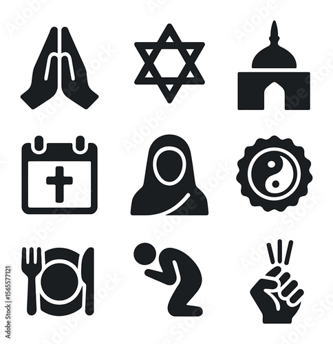 Religion Icons Grid. Solid, filled icons set of religion and belief inclusion: prayer hands, faith symbol,