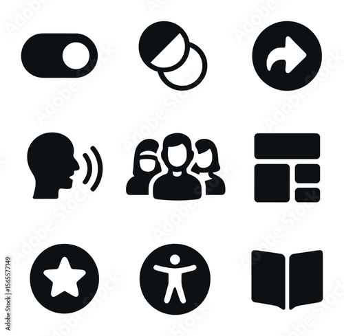 Inclusive Design Icons. Solid, filled icons set of inclusive design: UI toggle, color contrast icon, easy nav