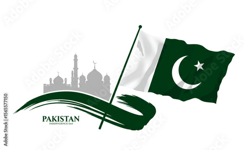 Celebrate Pakistan Independence Day with this waving flag and artistic mosque graphic ideal for event promotions.