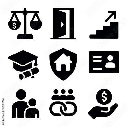 Inclusive Socioeconomic Icons. Solid, filled icons set of socioeconomic inclusion: dollar scale, opportunity