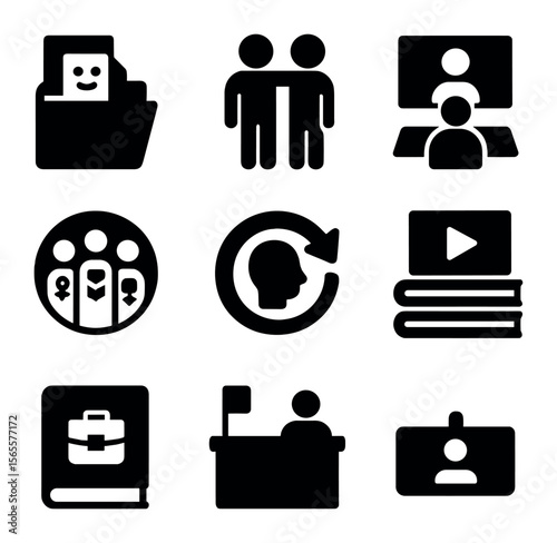 Inclusive Onboarding Icons. Solid, filled icons set of inclusive onboarding: welcome packet, team buddy, intro