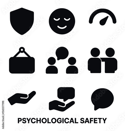 Psychological Safety Icons. Solid, filled icons set of psychological safety: shield icon, calm face, trust