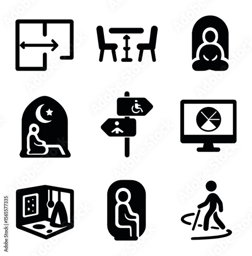Inclusive Space Icons. Solid, filled icons set of inclusive space design: open layout, flexible furniture,