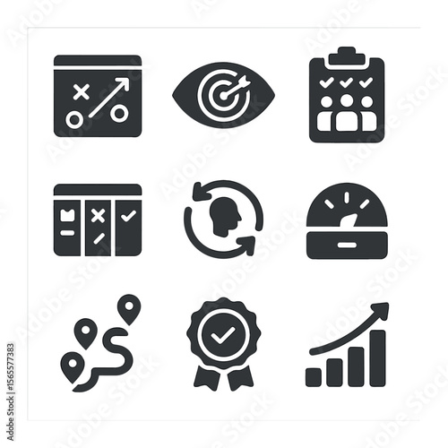 Inclusion Strategy Icons. Solid, filled icons set of inclusion strategy: strategic chart, vision goal, DEI