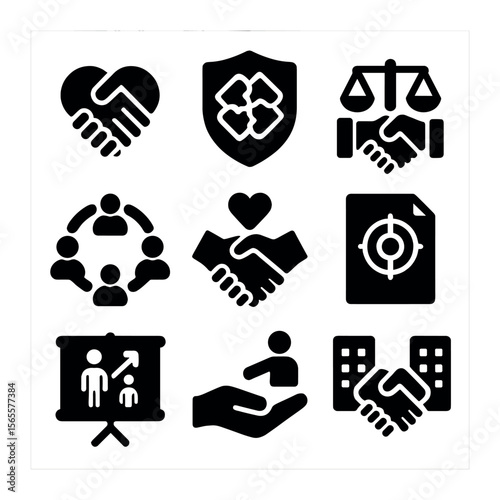 Inclusive Partnership Icons. Solid, filled icons set of inclusive partnerships: linked hands, joint badge,