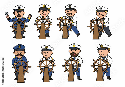 Set of Cartoon Ship Captains Steering Wheel Illustrations
