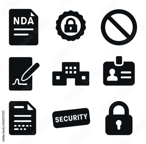 Confidentiality Icon Set. Solid, filled icons set of NDAs and confidentiality: NDA file, confidentiality seal,
