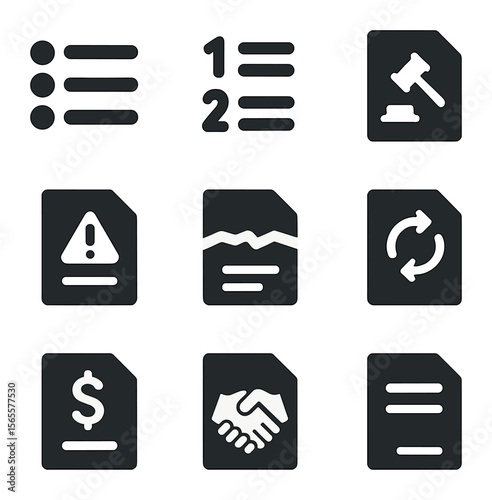 Legal Contract Icons. Solid, filled icons set of contract clauses: bullet list, numbered points, legal terms,