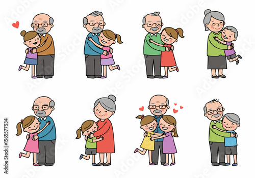 Cute cartoon illustrations showing grandparents hugging their grandchildren, depicting love, family bonds, and intergenerational affection