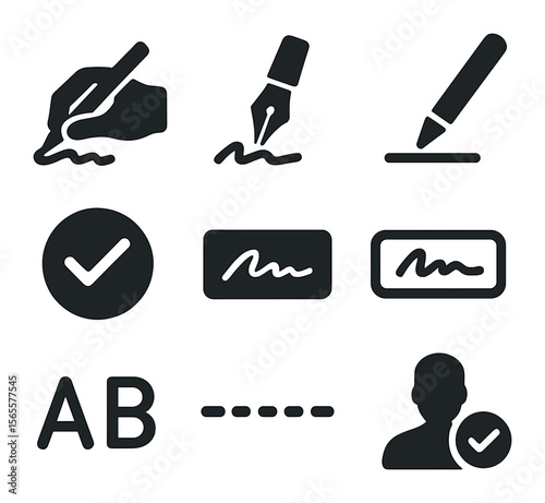 Signature Icon Grid. Solid, filled icons set of signature icons: hand signing, ink pen, digital stylus,