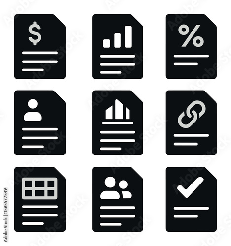 Loan Document Icons. Solid, filled icons set of loan documents: loan contract, repayment schedule, interest