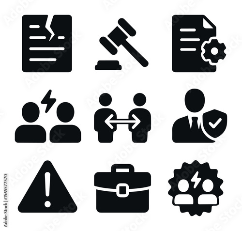 Legal Dispute Icons. Solid, filled icons set of contract disputes: broken contract, gavel icon, dispute file,