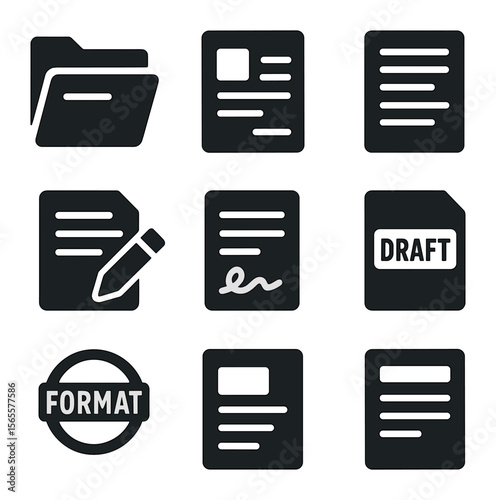 Contract Template Icons. Solid, filled icons set of contract templates: template folder, fill-in fields, dummy