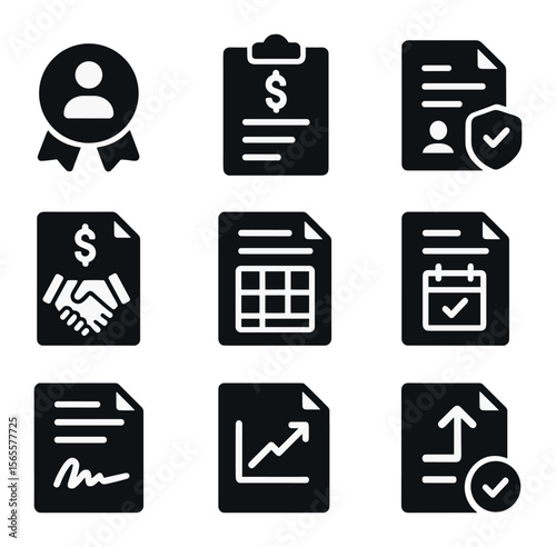 Investment Contract Icons. Solid, filled icons set of investment contracts: investor badge, funding terms,