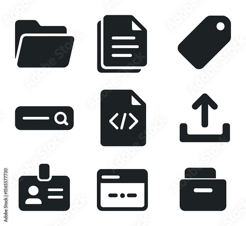 Contract Icon Collection. Solid, filled icons set of contract repository: digital folder, document stack, tag