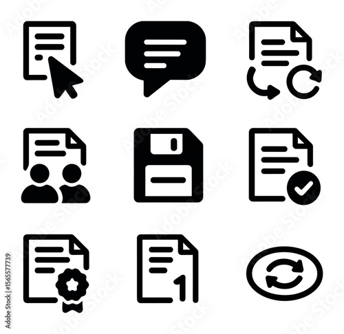 Contract Editing Icons. Solid, filled icons set of real-time contract editing: cursor icon, comment balloon,