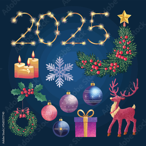 vector Happy New Year Celebrating 2025 in Latin letters , Christmas Decoration Items Santa Claus

