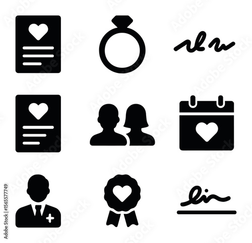 Wedding Contract Icons. Solid, filled icons set of wedding contracts: marriage certificate, ring icon, mutual