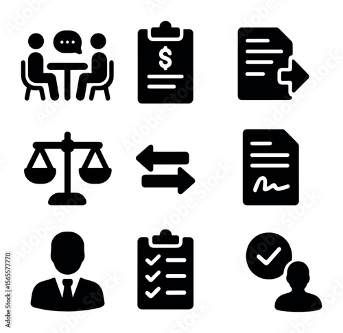 Contract Negotiation Icons. Solid, filled icons set of contract negotiation: discussion table, offer terms,