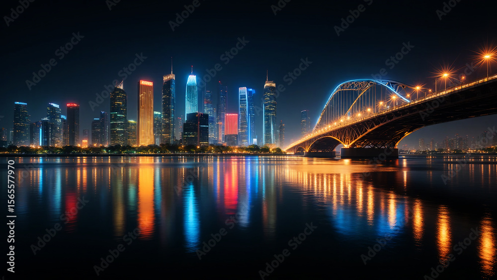 Fototapeta premium Illuminated cityscape with arched bridge over reflective water at night image