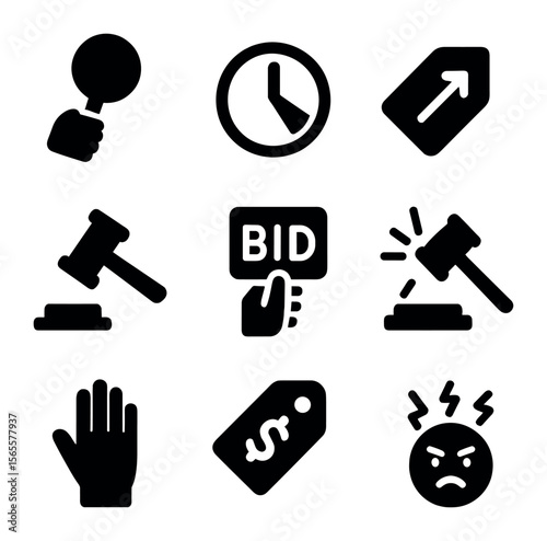 Auction Icons Grid. Solid, filled icons set of auction bidding: raised paddle, countdown clock, bid increment,