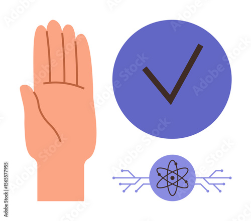 Raised hand beside a checkmark in a blue circle and an atom icon with circuit branches. Ideal for themes thumbs up approval, science, decision-making, consent, data, ethics, and technology. Simple