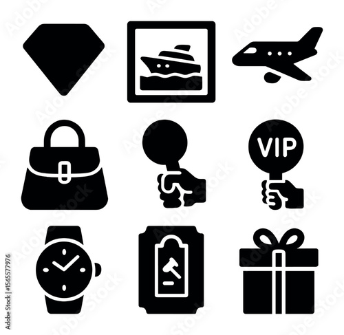 Luxury Auction Icons. Solid, filled icons set of luxury auctions: diamond icon, yacht photo, private jet,