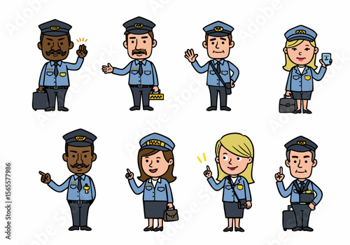 Set of diverse cartoon taxi drivers or transportation professionals in uniform, gesturing and holding luggage or bags.