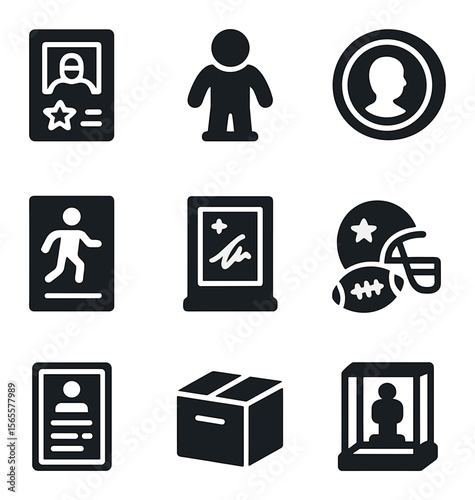 Collectibles Icon Grid. Solid, filled icons set of collectibles auctions: rare comic book, toy figure,