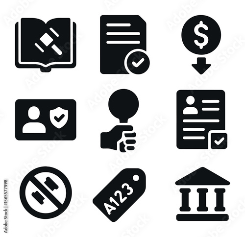 Auction Rule Icons. Solid, filled icons set of auction rules: rulebook, terms paper, fee icon, ID check,