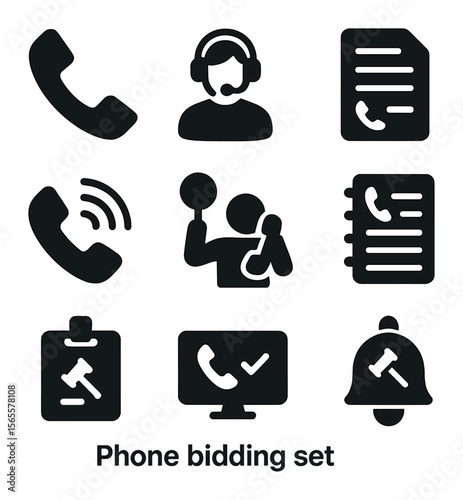 Phone Bidding Icons. Solid, filled icons set of phone bidding: telephone headset, operator icon, phone script,