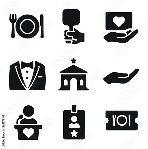 Charity Auction Icons. Solid, filled icons set of charity gala auctions: gala dinner plate, bid paddle,