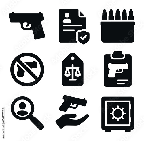 Weapon Law Icons. Solid, filled icons set of weapon laws: firearm icon, permit paper, ammunition box, no guns