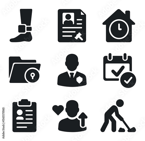 Parole Icon Set. Solid, filled icons set of parole and probation: house arrest anklet, parole hearing paper,