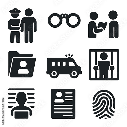 Criminal Arrest Icons. Solid, filled icons set of criminal arrest: arresting officer, handcuffed icon, rights