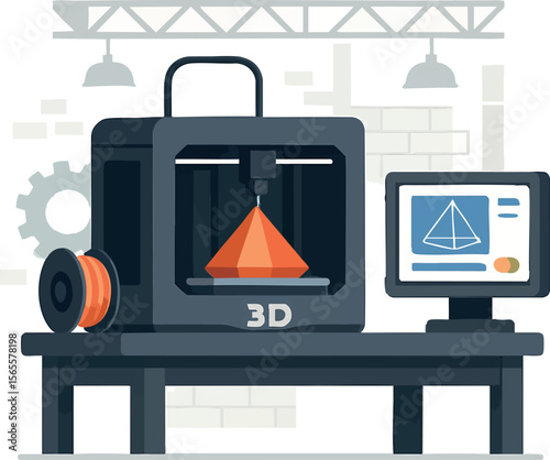 Flat vector 3D printing station in industrial setting with control screen, isolated on white