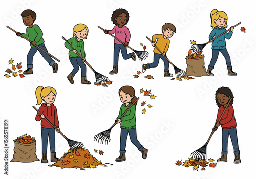 Diverse group of kids raking autumn leaves illustration